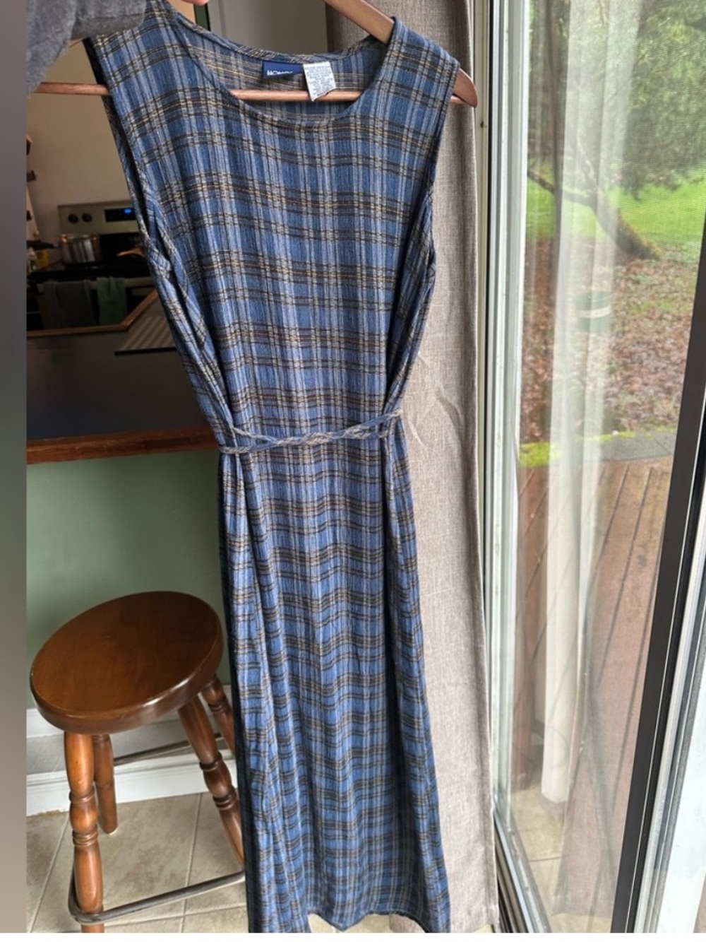 Honors Vintage 1990’s Sleeveless Blue Plaid Midi Maxi Dress Linen Rayon Afends